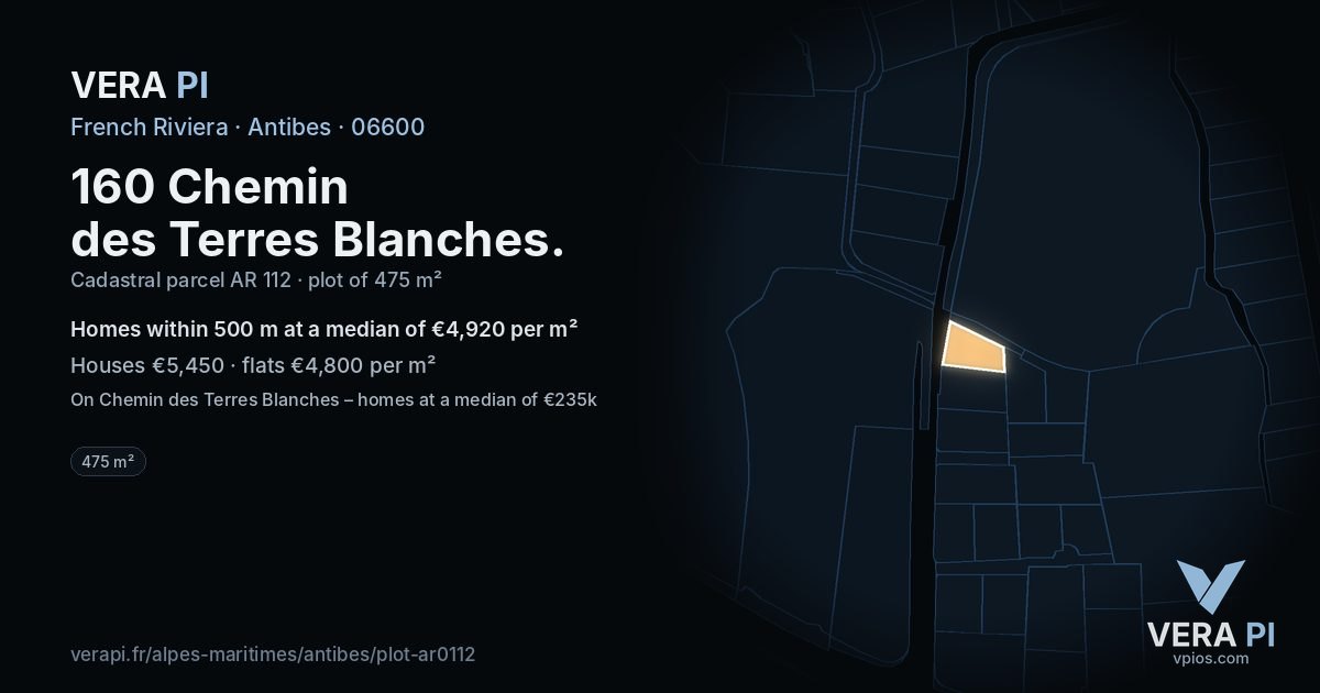 160 Chemin des Terres Blanches, Antibes at night – the plot lit, the parcels around coloured by the prices near them