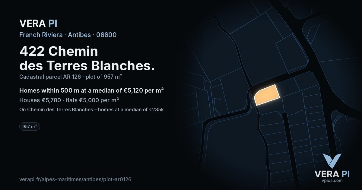 422 Chemin des Terres Blanches, Antibes at night – the plot lit, the parcels around coloured by the prices near them