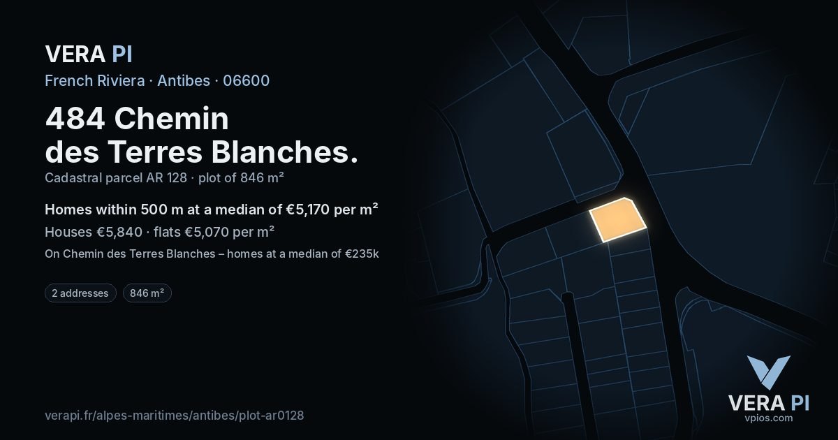 484 Chemin des Terres Blanches, Antibes at night – the plot lit, the parcels around coloured by the prices near them
