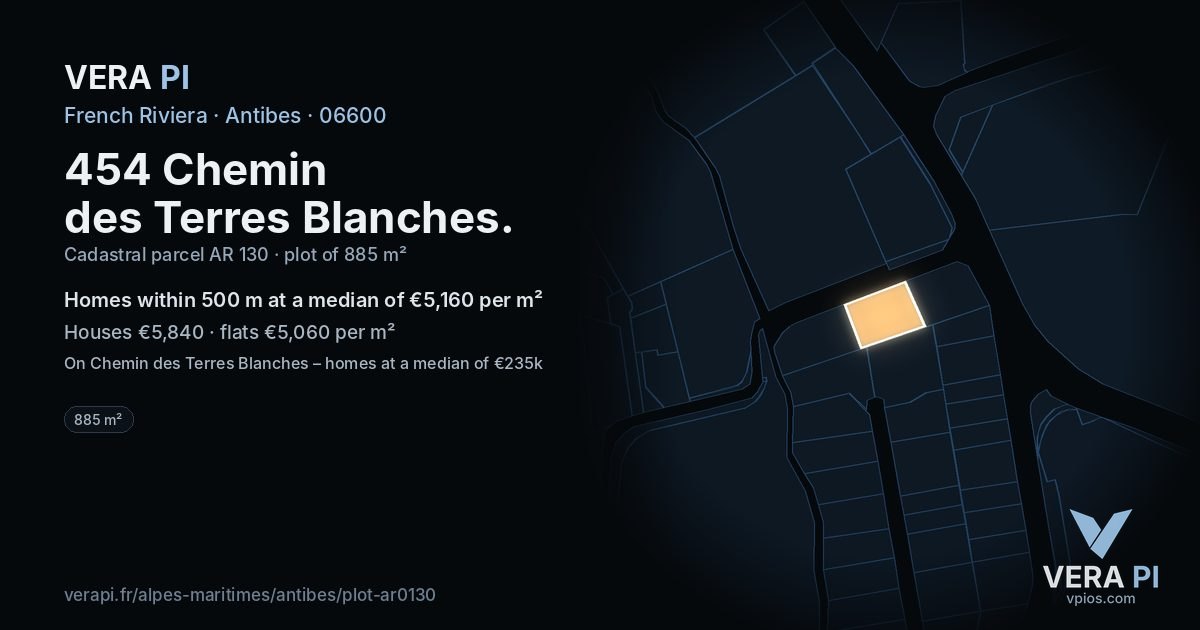 454 Chemin des Terres Blanches, Antibes at night – the plot lit, the parcels around coloured by the prices near them