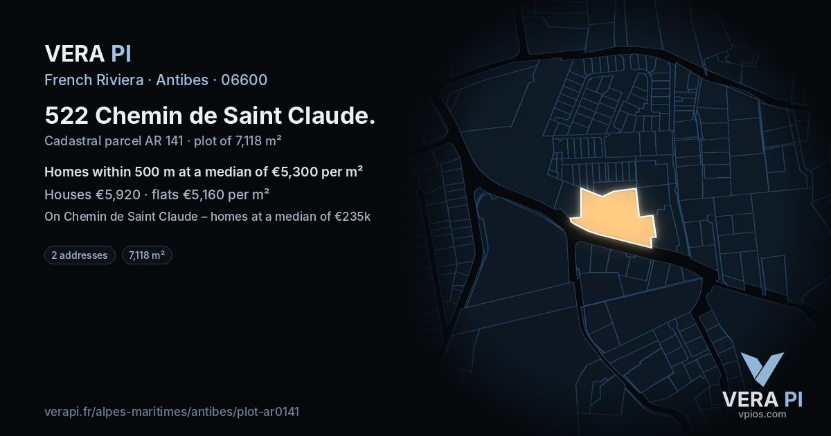 522 Chemin de Saint Claude, Antibes at night – the plot lit, the parcels around coloured by the prices near them