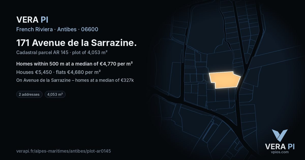 171 Avenue de la Sarrazine, Antibes at night – the plot lit, the parcels around coloured by the prices near them