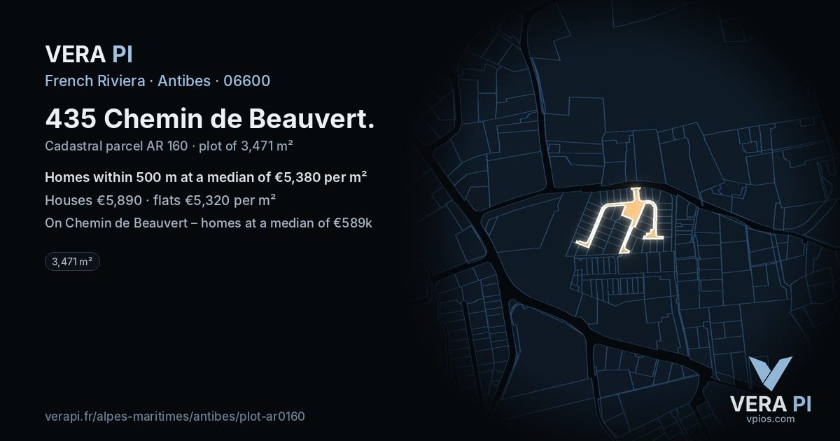 435 Chemin de Beauvert, Antibes at night – the plot lit, the parcels around coloured by the prices near them