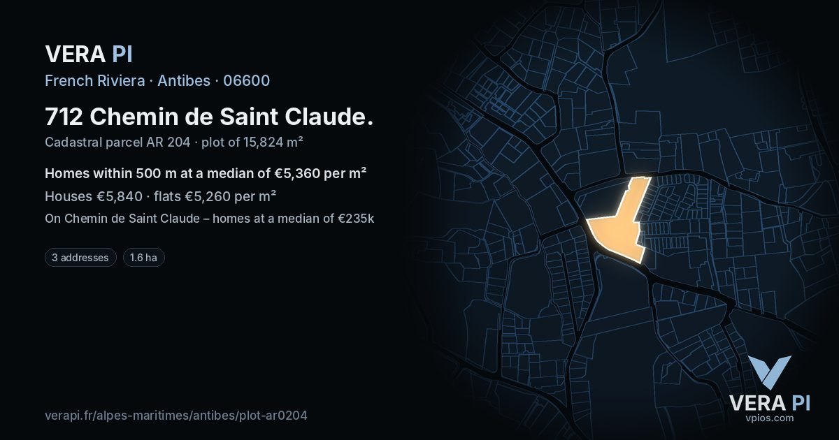 712 Chemin de Saint Claude, Antibes at night – the plot lit, the parcels around coloured by the prices near them