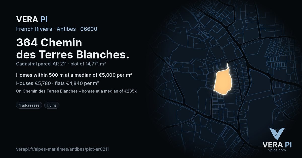 364 Chemin des Terres Blanches, Antibes at night – the plot lit, the parcels around coloured by the prices near them