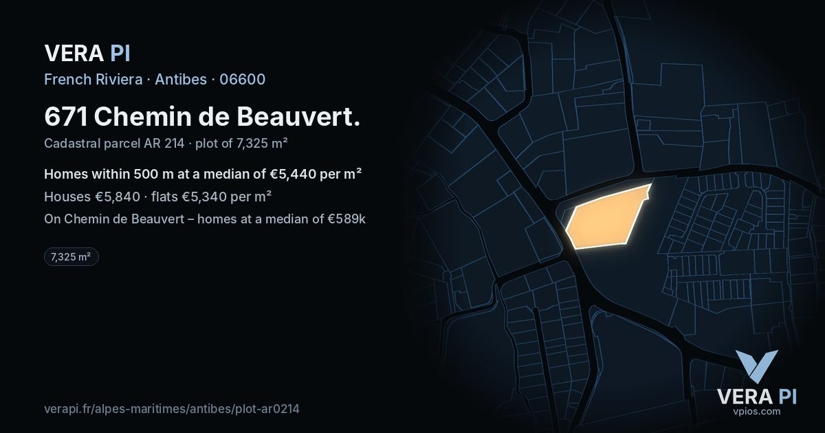 671 Chemin de Beauvert, Antibes at night – the plot lit, the parcels around coloured by the prices near them