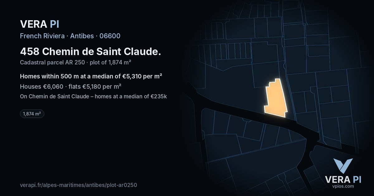 458 Chemin de Saint Claude, Antibes at night – the plot lit, the parcels around coloured by the prices near them