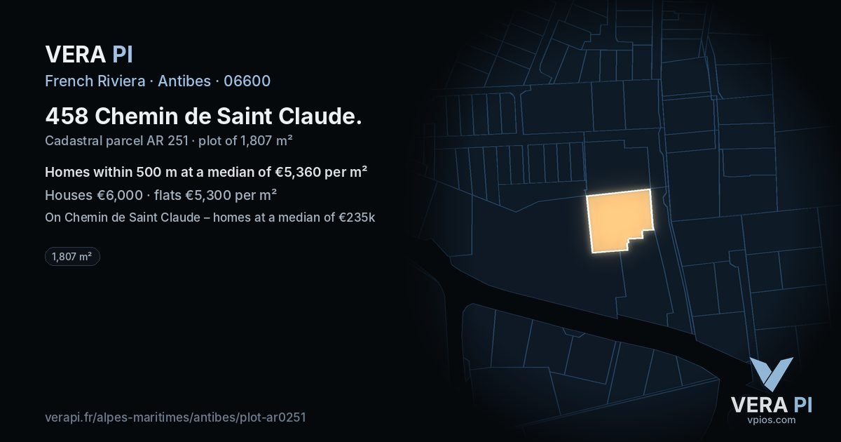 458 Chemin de Saint Claude, Antibes at night – the plot lit, the parcels around coloured by the prices near them