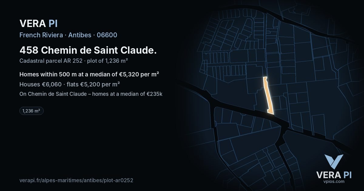 458 Chemin de Saint Claude, Antibes at night – the plot lit, the parcels around coloured by the prices near them