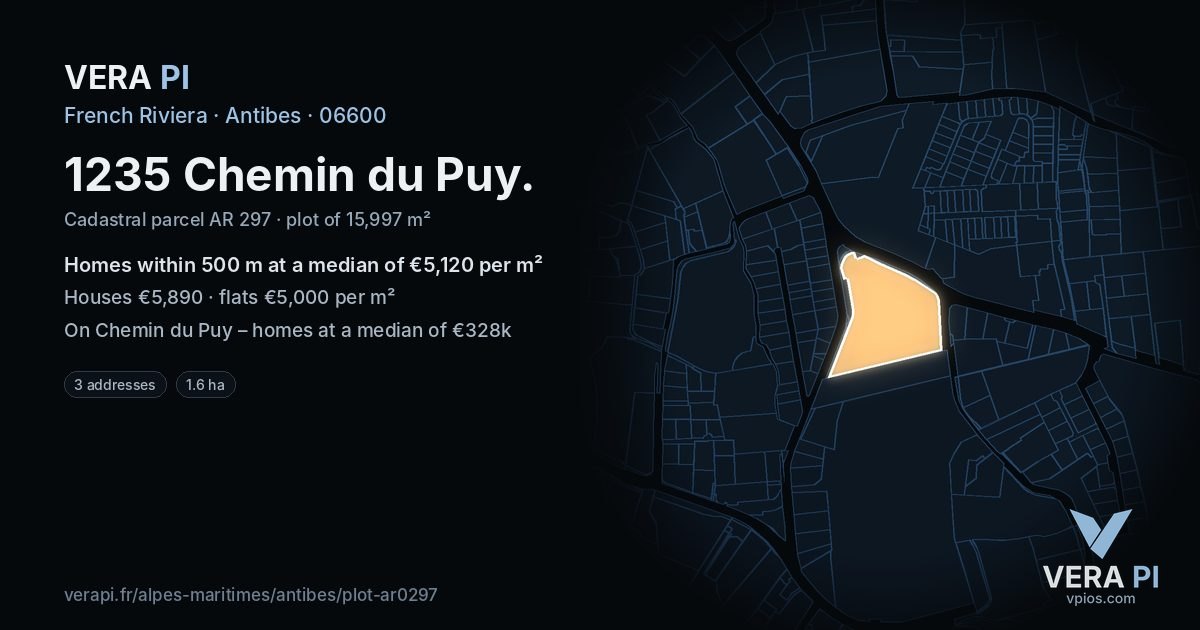 1235 Chemin du Puy, Antibes at night – the plot lit, the parcels around coloured by the prices near them