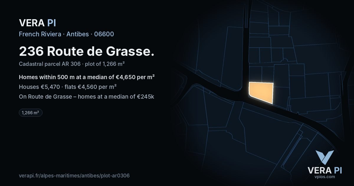 236 Route de Grasse, Antibes at night – the plot lit, the parcels around coloured by the prices near them