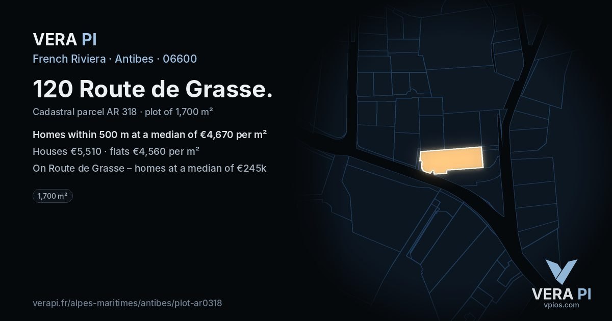 120 Route de Grasse, Antibes at night – the plot lit, the parcels around coloured by the prices near them