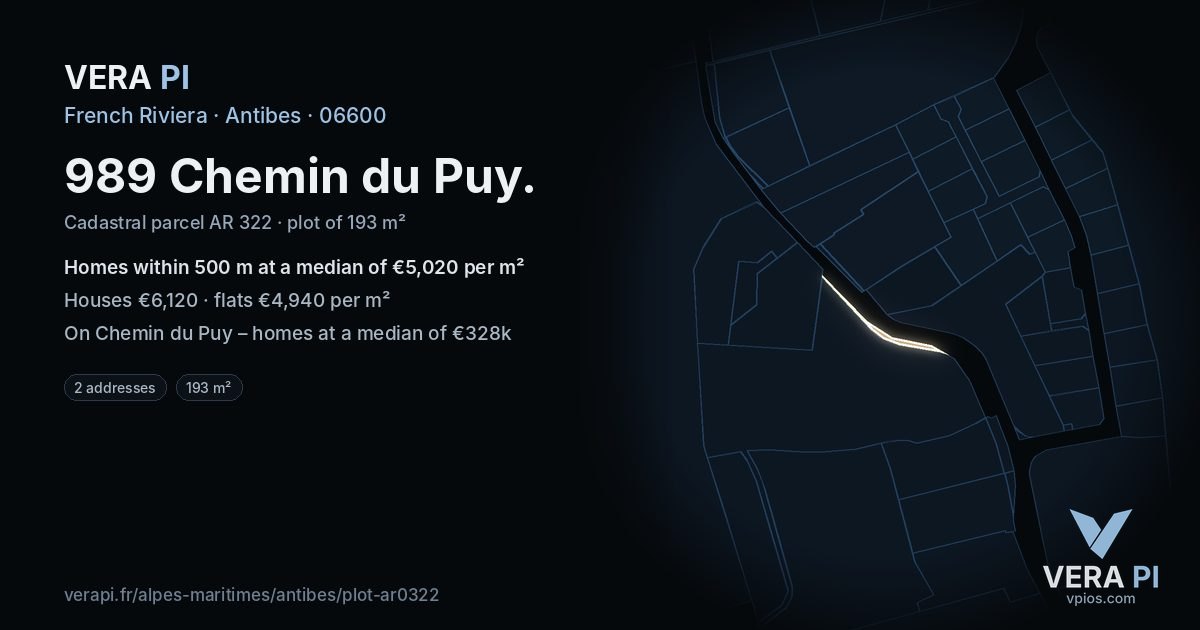 989 Chemin du Puy, Antibes at night – the plot lit, the parcels around coloured by the prices near them
