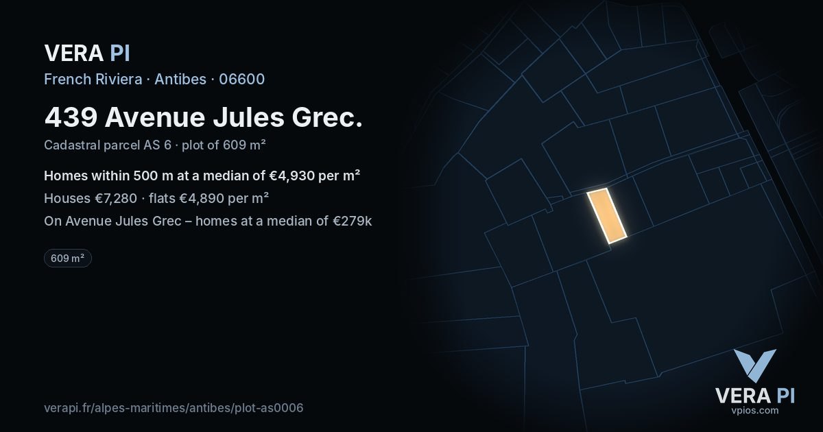 439 Avenue Jules Grec, Antibes at night – the plot lit, the parcels around coloured by the prices near them