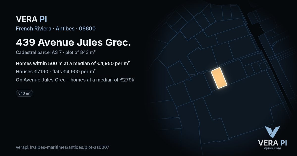 439 Avenue Jules Grec, Antibes at night – the plot lit, the parcels around coloured by the prices near them