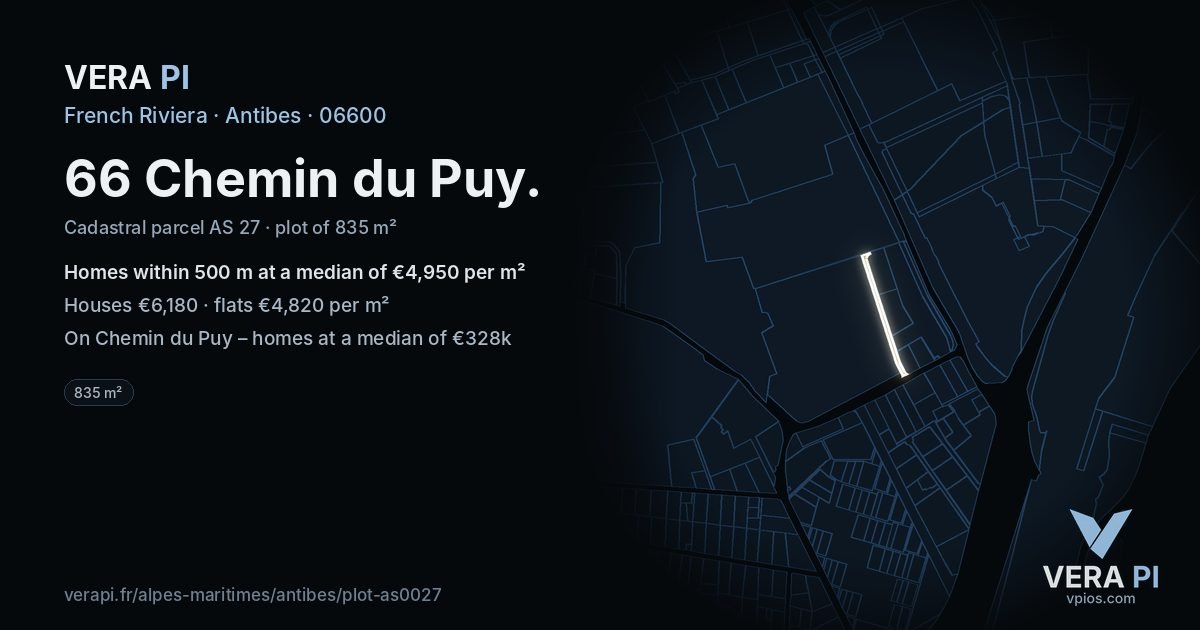 66 Chemin du Puy, Antibes at night – the plot lit, the parcels around coloured by the prices near them