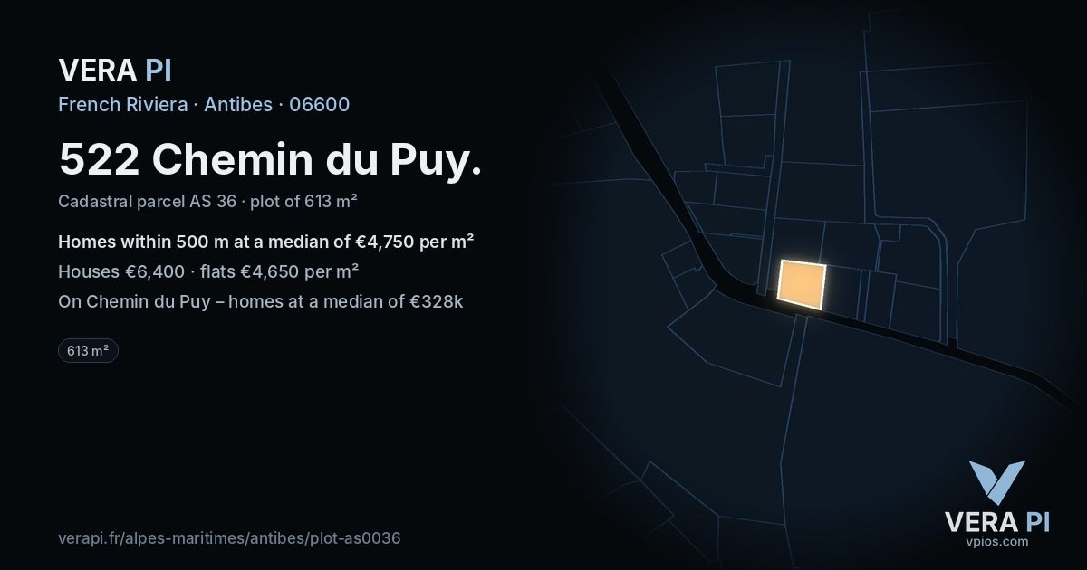 522 Chemin du Puy, Antibes at night – the plot lit, the parcels around coloured by the prices near them