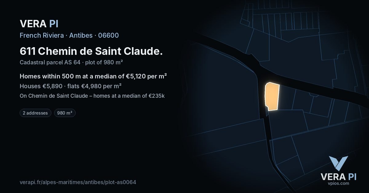 611 Chemin de Saint Claude, Antibes at night – the plot lit, the parcels around coloured by the prices near them
