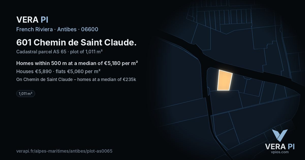 601 Chemin de Saint Claude, Antibes at night – the plot lit, the parcels around coloured by the prices near them