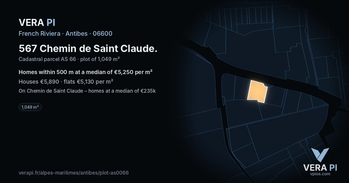 567 Chemin de Saint Claude, Antibes at night – the plot lit, the parcels around coloured by the prices near them