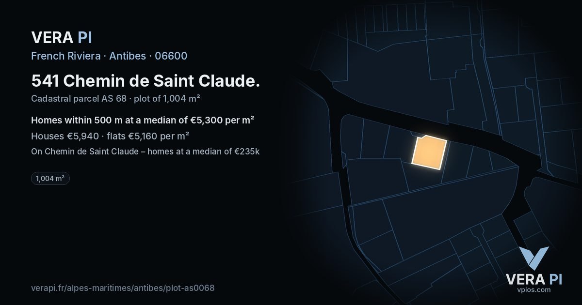 541 Chemin de Saint Claude, Antibes at night – the plot lit, the parcels around coloured by the prices near them