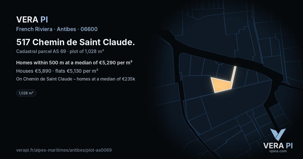 517 Chemin de Saint Claude, Antibes at night – the plot lit, the parcels around coloured by the prices near them