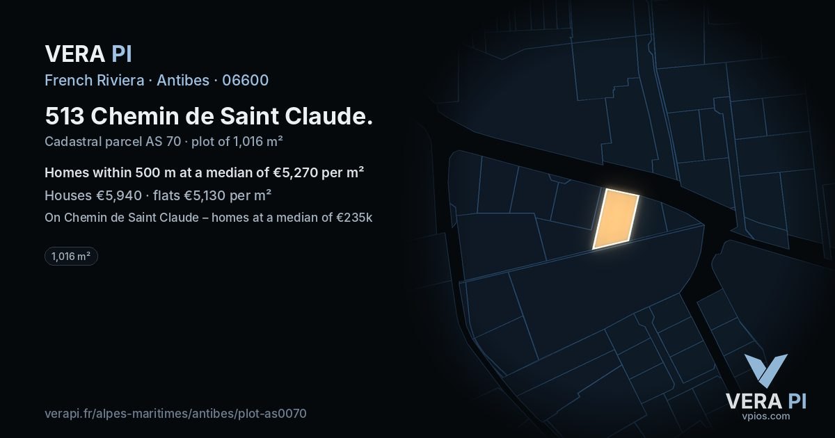 513 Chemin de Saint Claude, Antibes at night – the plot lit, the parcels around coloured by the prices near them
