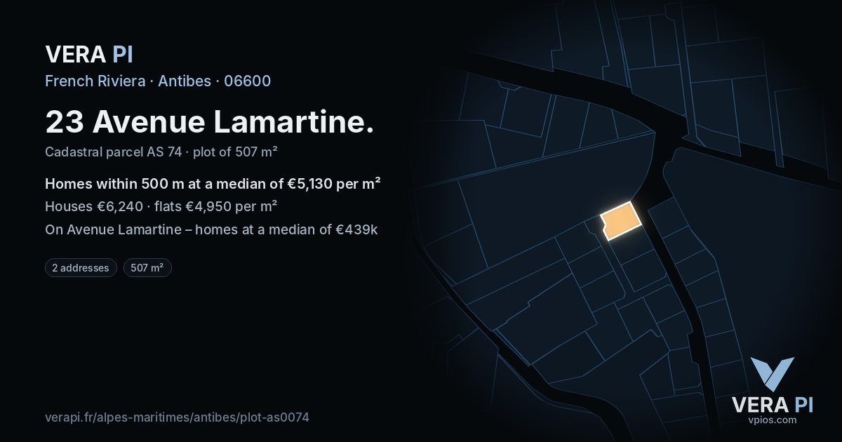 23 Avenue Lamartine, Antibes at night – the plot lit, the parcels around coloured by the prices near them