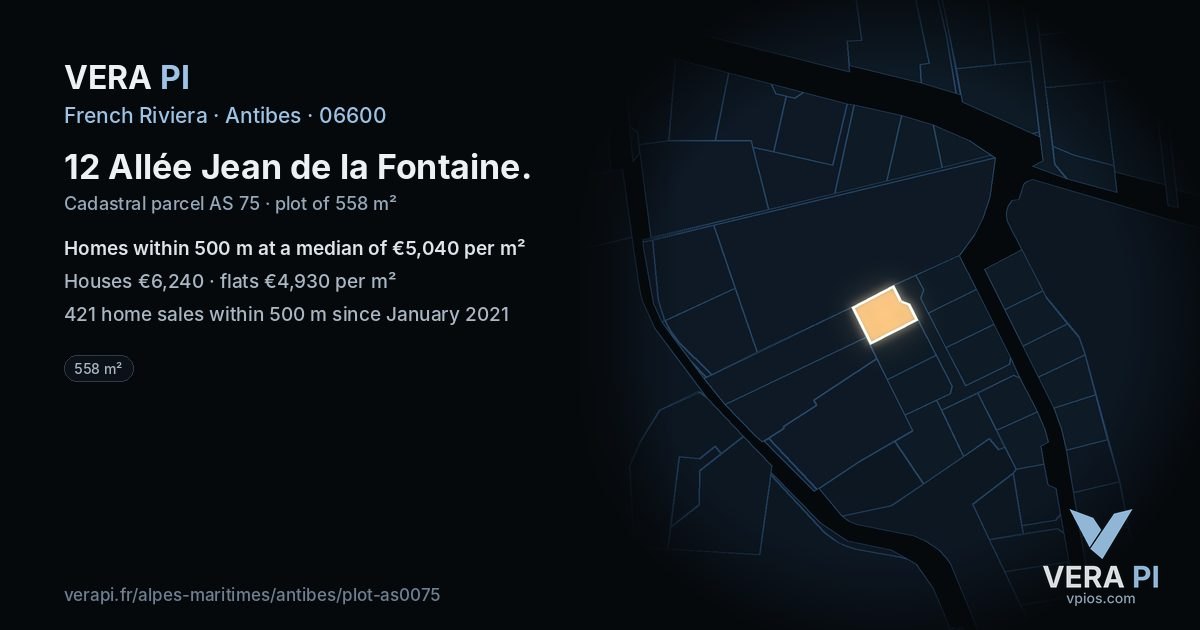 12 Allée Jean de la Fontaine, Antibes at night – the plot lit, the parcels around coloured by the prices near them