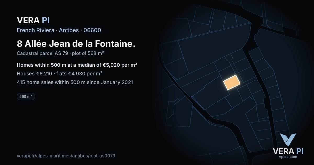 8 Allée Jean de la Fontaine, Antibes at night – the plot lit, the parcels around coloured by the prices near them