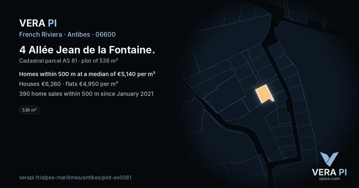 4 Allée Jean de la Fontaine, Antibes at night – the plot lit, the parcels around coloured by the prices near them