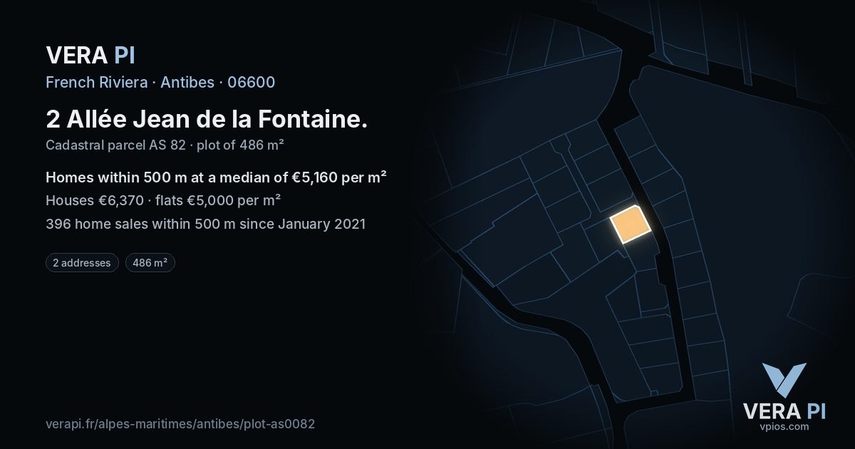 2 Allée Jean de la Fontaine, Antibes at night – the plot lit, the parcels around coloured by the prices near them