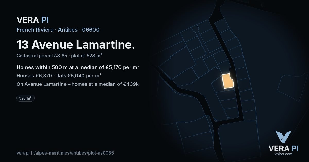 13 Avenue Lamartine, Antibes at night – the plot lit, the parcels around coloured by the prices near them