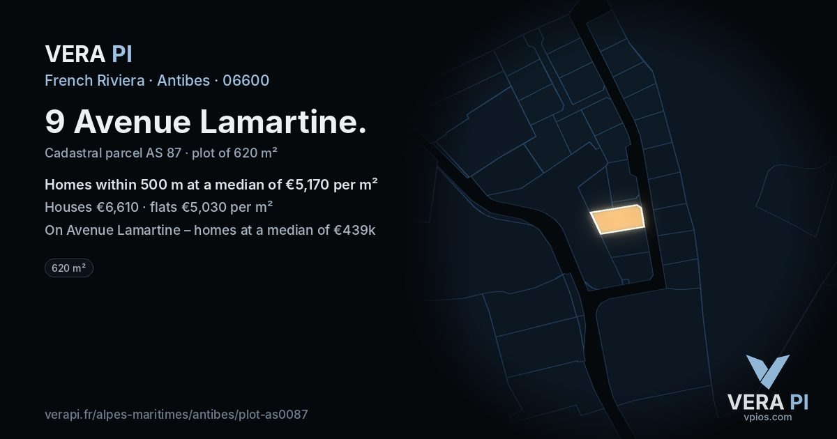 9 Avenue Lamartine, Antibes at night – the plot lit, the parcels around coloured by the prices near them