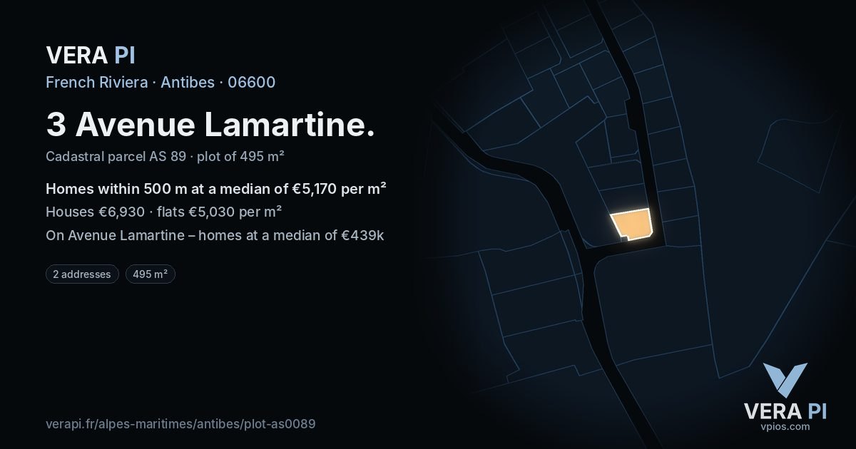 3 Avenue Lamartine, Antibes at night – the plot lit, the parcels around coloured by the prices near them