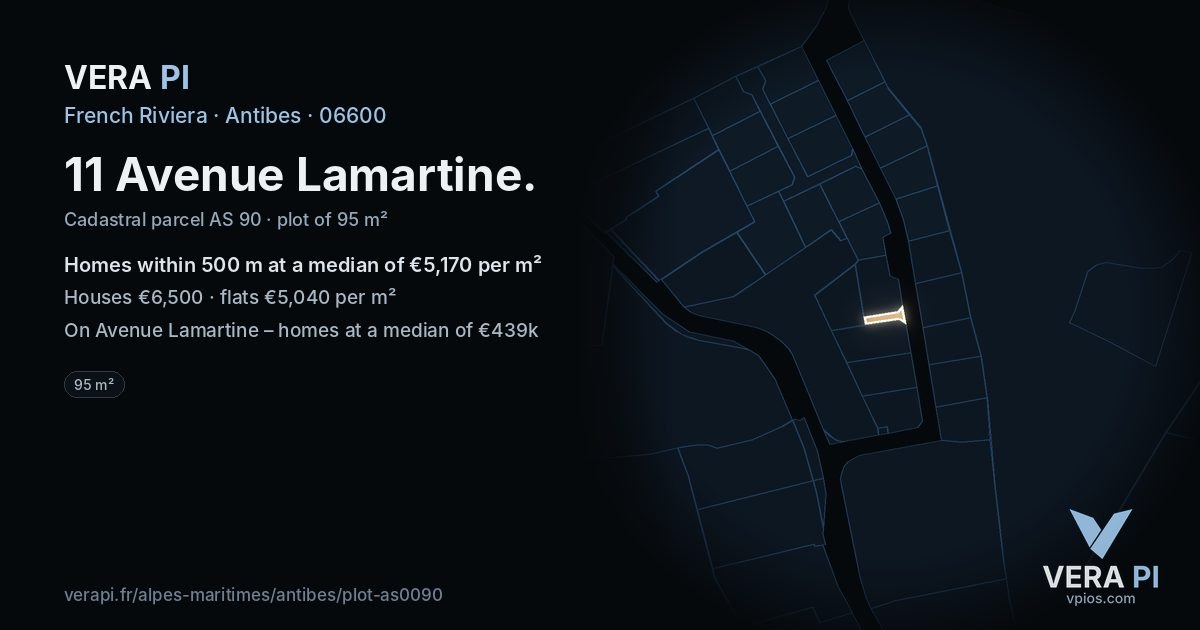 11 Avenue Lamartine, Antibes at night – the plot lit, the parcels around coloured by the prices near them