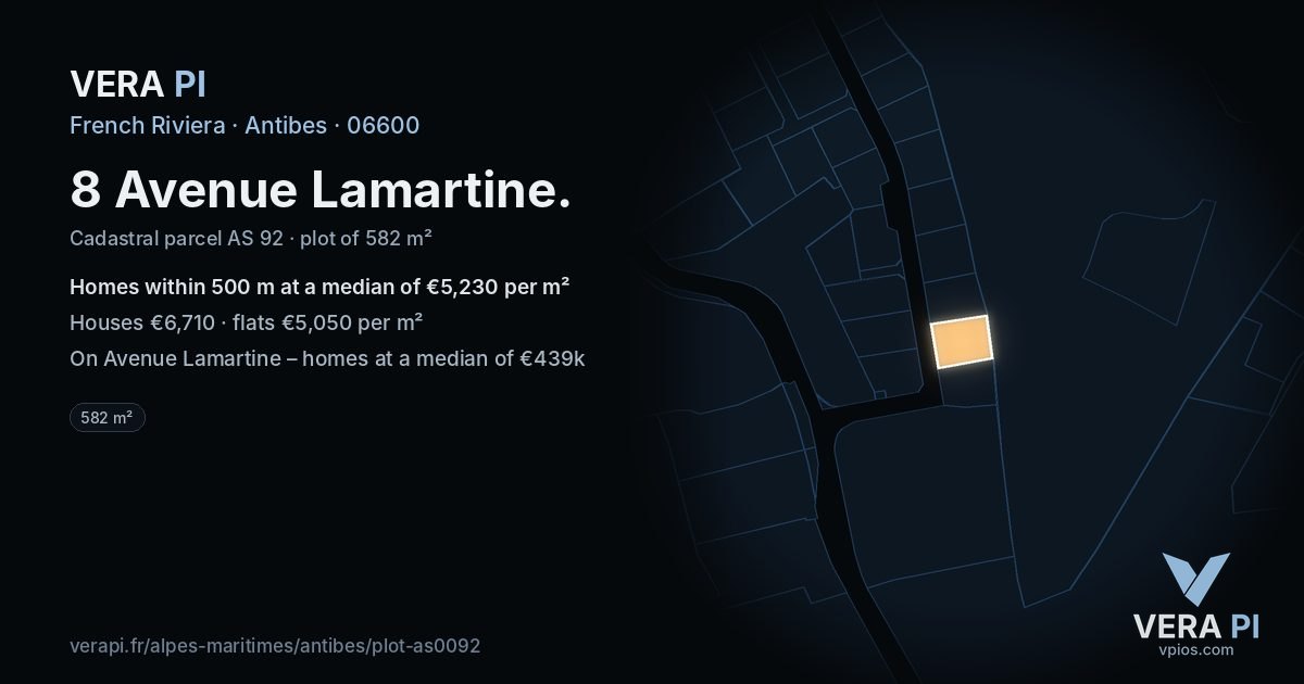 8 Avenue Lamartine, Antibes at night – the plot lit, the parcels around coloured by the prices near them