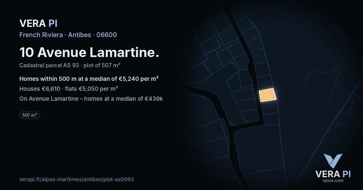 10 Avenue Lamartine, Antibes at night – the plot lit, the parcels around coloured by the prices near them