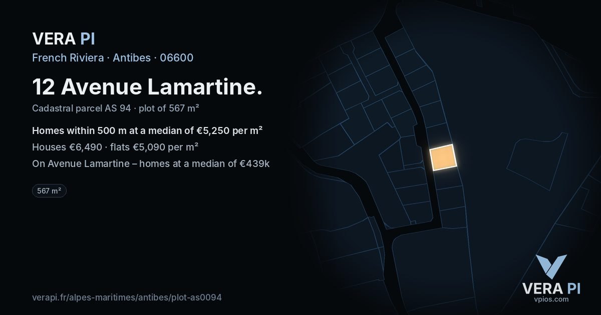12 Avenue Lamartine, Antibes at night – the plot lit, the parcels around coloured by the prices near them