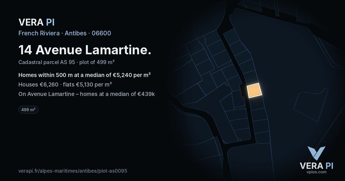 14 Avenue Lamartine, Antibes at night – the plot lit, the parcels around coloured by the prices near them