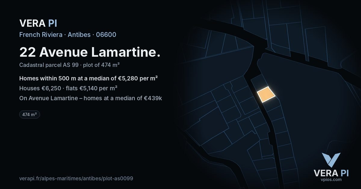 22 Avenue Lamartine, Antibes at night – the plot lit, the parcels around coloured by the prices near them