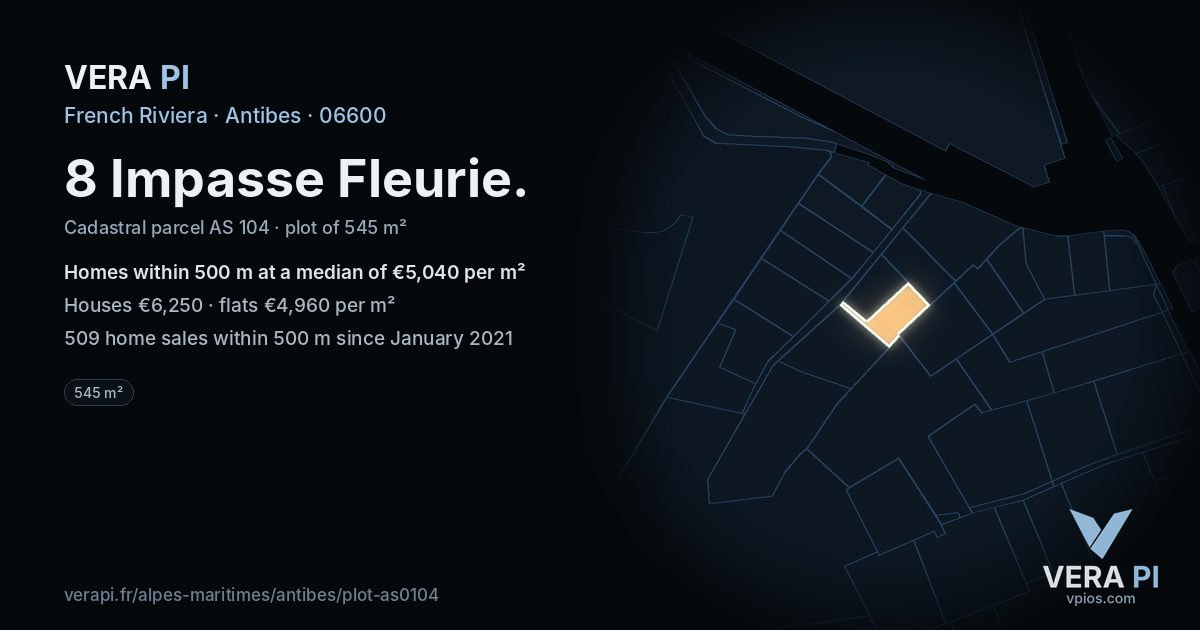 8 Impasse Fleurie, Antibes at night – the plot lit, the parcels around coloured by the prices near them
