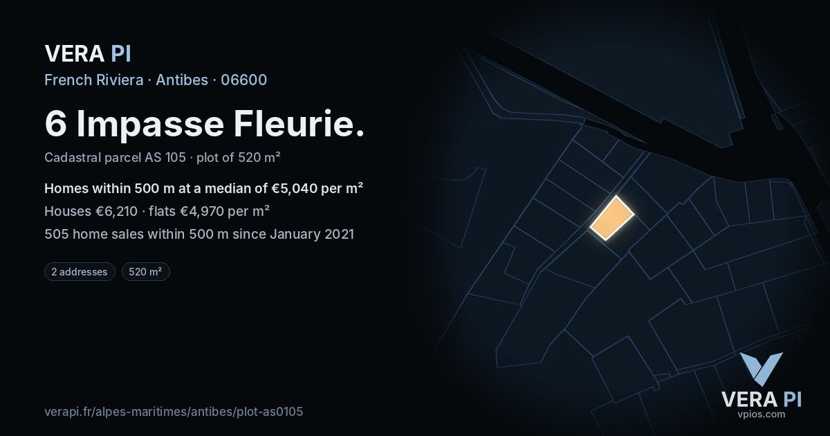 6 Impasse Fleurie, Antibes at night – the plot lit, the parcels around coloured by the prices near them