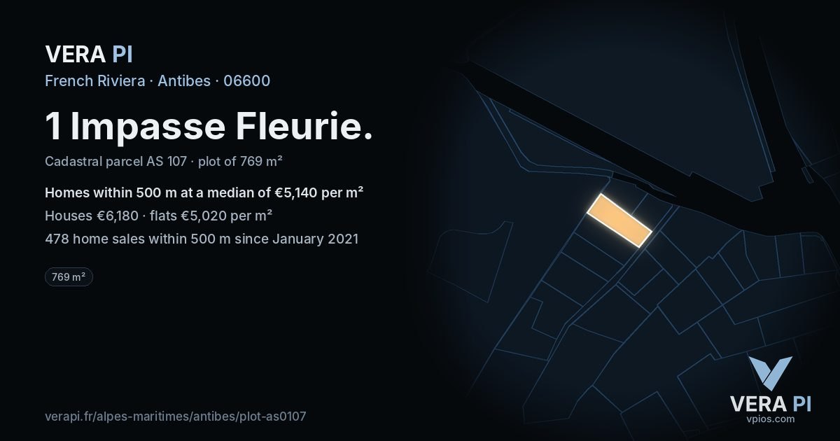 1 Impasse Fleurie, Antibes at night – the plot lit, the parcels around coloured by the prices near them