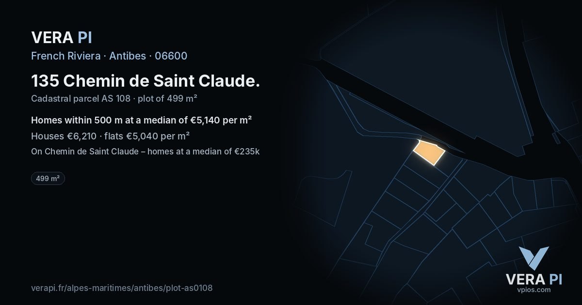 135 Chemin de Saint Claude, Antibes at night – the plot lit, the parcels around coloured by the prices near them