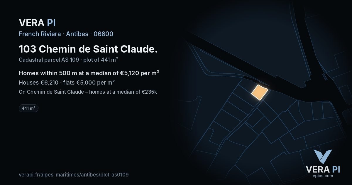 103 Chemin de Saint Claude, Antibes at night – the plot lit, the parcels around coloured by the prices near them