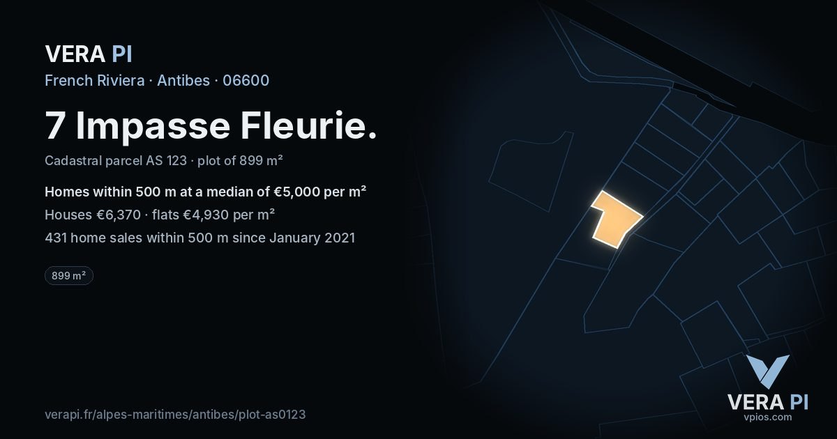 7 Impasse Fleurie, Antibes at night – the plot lit, the parcels around coloured by the prices near them