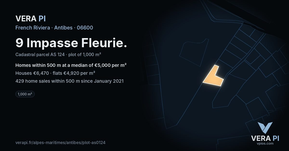 9 Impasse Fleurie, Antibes at night – the plot lit, the parcels around coloured by the prices near them