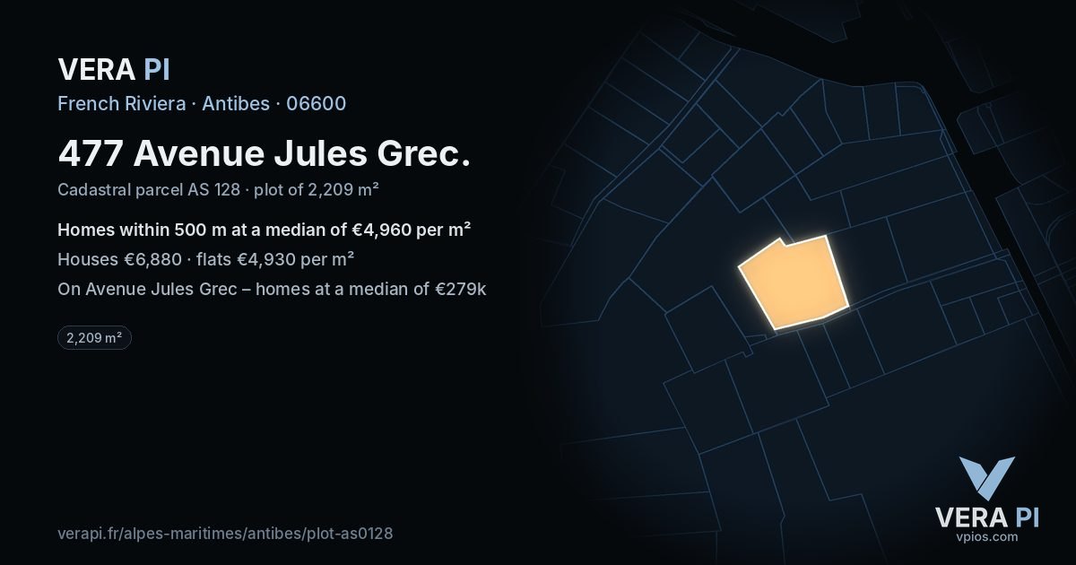 477 Avenue Jules Grec, Antibes at night – the plot lit, the parcels around coloured by the prices near them