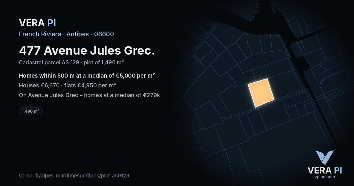 477 Avenue Jules Grec, Antibes at night – the plot lit, the parcels around coloured by the prices near them